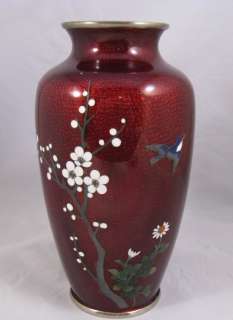Vintage Japanese cloisonne pigeon blood vase flowers bird  