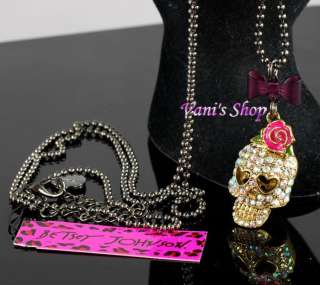 BETSEY JOHNSON Jewelry Crystall skull rose earrings necklace set, gift 