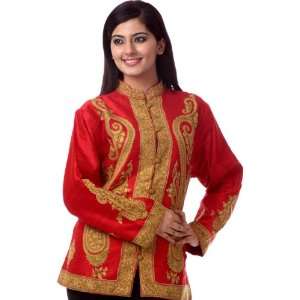 Bittersweet Red Jacket from Kashmir with Stylized Paisleys Embroidered 