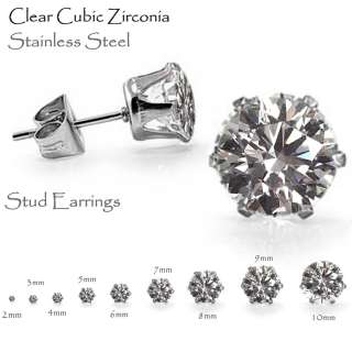   Earrings, Brilliant Round Cut CZ Stainless Steel   Sizes 2mm   10mm
