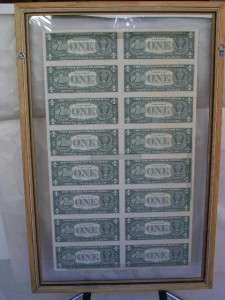 US ONE DOLLAR BILL Uncut Sheet of 16 Framed(Glass Both Sides) 1995 
