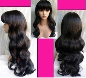 C401 Cosplay long black curly hair neat bang wig/wigs  