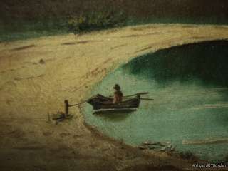 ANTIQUE Victorian 19C Man FISHING Rowboat Lake Landscape Original Oil 