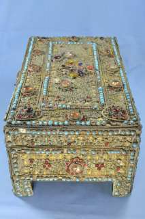 Antique Balkans Turkish Islamic Gilt Copper Glass Wood Large Casket 
