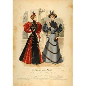 1894 Victorian Lady Winter Dress Fur Trim Lithograph   Hand Colored 
