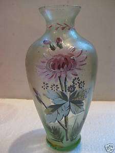 Victorian green glass vase enamel hand painted old  