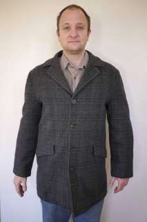 Vintage 1960s WOOL Charcoal TWEED Quilt Lined OVER Car COAT Mens 