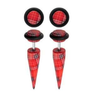  Acrylic   Red Plaid Print Fake Taper   18g Ear Wire   Sold 
