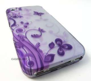 PURPLE SILVER FLOWER BUTTERFLY HARD CASE COVER APPLE IPHONE 4 4s PHONE 