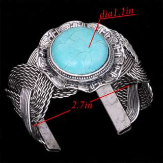   silver round carved patterns blue howlite turquoise bead cuff bracelet