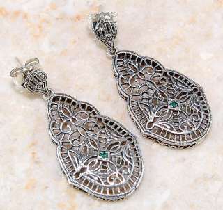 Gorgeous Natural Emerald 925 Solid Sterling Silver Filigree Earrings 1 
