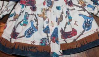   Vintage Baby Girl Toddler Cowgirl Boots Denim Fringe Dress 18 Mo EUC