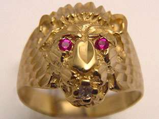 10k GOLD RUBY RED EYES & CUBIC ZIRCONIA LION HEAD RING  
