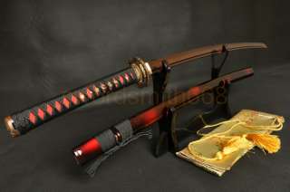Black&Red Folded Steel Blade Dragon Musashi Tsuba Japanese Samurai 