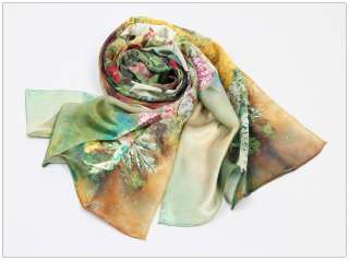 100% Luxurious Charmeuse Silk Oil Painting Long Scarf Shawl  