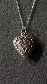   STERLING SILVER FANCY ETCHED PUFFED HEART PENDANT CHARM NECKLACE