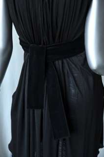 CHLOE Black Pleated Jersey Dress+Velvet Sash Belt LBD S  