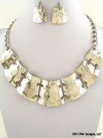 Burnished Silver Colored Metal Bib Link Necklace & Earrings Set  