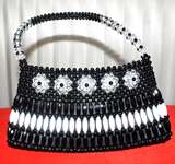 60s Vtg Black Shiny Beaded Raffia Straw Box Snap Purse Handbag from 
