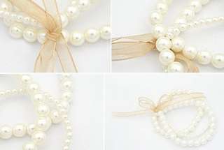   Lovely Silk Bowknot 3 Layer Imitation Pearl Bead Bangle Bracelet White