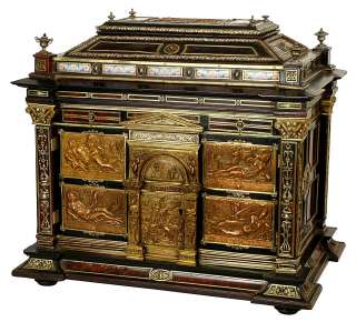 Antique Enamel Mounted Ebonized Jewelry Chest Table Cabinet  