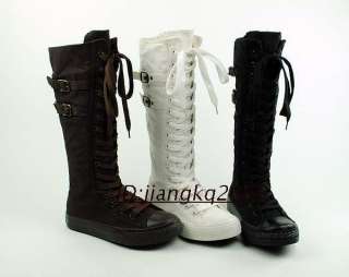 new PUNK Women canvas boot shoes knee high Gothic lace up white us8 