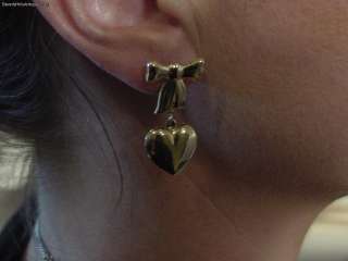 Vintage 14k Yellow Gold Bow & Heart Dangling Earrings  