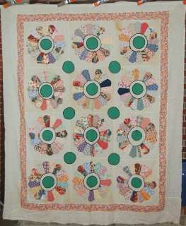 Vintage 30s Dresden Plate Antique Quilt Top w/ Hand Embroidery & Nice 
