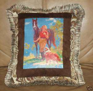 Equestrian Woman Horse Dog Vintage Print Pillow New  