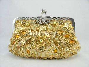 GOLD Beaded Sequin Evening Clutch Crystal Jewel Frame  