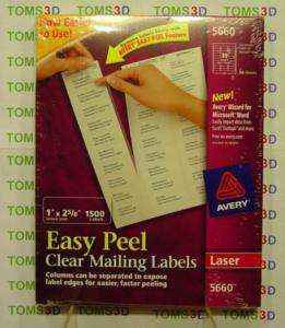 Avery 5660 Easy Peel Laser Labels 1x2 5/8 clear 1500 Ct  
