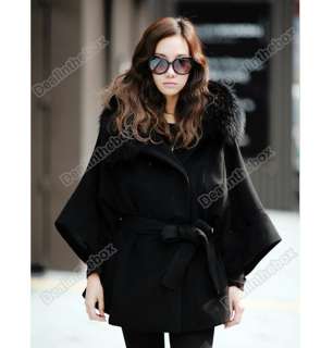 Womens Luxury Double Breasted Batwing Cape Poncho Fur Collar Hooded 