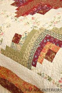 LOG CABIN GREEN & BURGUNDY QUILT THROW / TABLE TOPPER  