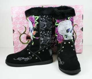 Ed Hardy Womens Bootstrap Black Skull Roses Boots  