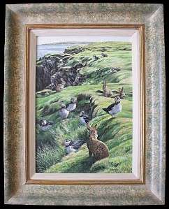Martin Ridley Puffins And Rabbits Shetland Islands Oil Painting  