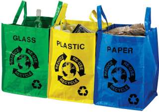 Set of three durable recycling bags, colour coded for glass plastic 
