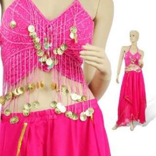 BellyLady Chiffon Belly Dance Costume, Halter Top With Fringe And Full 