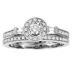   Round & Baguette Diamond 14k White Gold Antique Design Bridal Set Ring