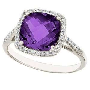 Cushion Cut Amethyst and Diamond Cocktail Ring 14k White 