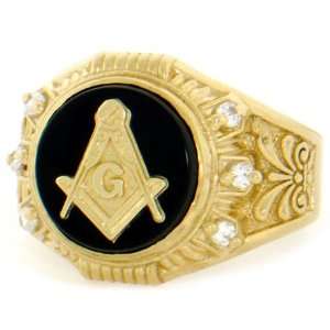    10K Solid Yellow Gold Round Onyx Masonic CZ Mens Ring Jewelry