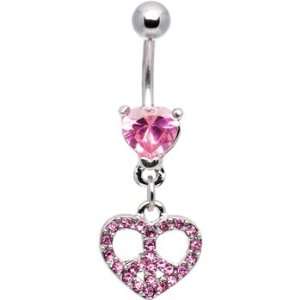  Pink Gem Paved Peace Sign Heart Belly Ring Jewelry