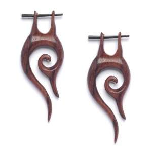  Hand made stick fish hook wood wooden tribal earrings pair 