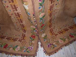 HUGE Pr ANTIQUE FRENCH HAND EMBROIDERED JUTE BURLAP WINDOW CURTAIN 