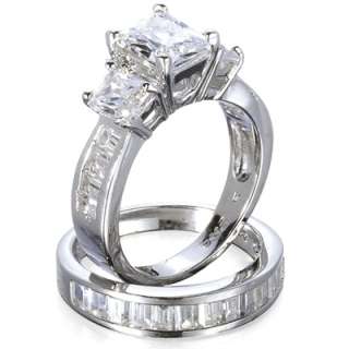 Emerald cut CZ Silver Engagement Wedding Ring Set sz 5  