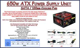NEW QUIET ACE BLACK 650 WATT 650W ATX PSU   MOLEX  SATA   PCI E   PFC 