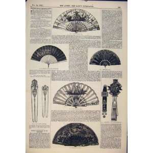  Silk Fan Fans Ivory Satin Earings Lace Print 1874