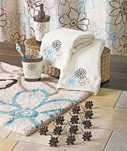WHIMSY FLORAL BATH SHOWER CURTAIN ACCESSORY SET BLUE BROWN FLOWERS 