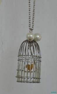 Birdcage Pendant Necklace Yellow Canary Bird Long Chain