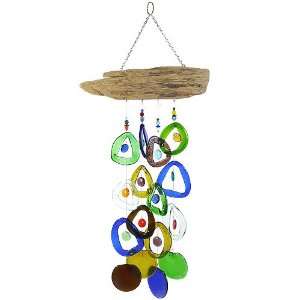  Recycled Wine Bottle Glass Windchime on Driftwood Patio 