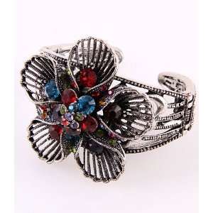   Jewelry Metal Multi Mixed Rhinestone Flower Cuff Bangle Bracelet